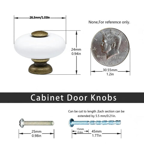 Size comparison of Six Pack Ceramic Cabinet Knob Set 1 Inch Round Drawer Pulls In Antique Bronze Finish for hardware installation.