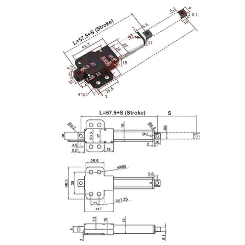 Technical diagram of Compact 12V DC Linear Actuator With 200mm Stroke, 150N Lift, 4mm/s Travel, IPX4 Rating, Mini Electric Actuator