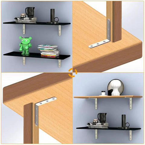 No Sweat Mounting 4X4 Inch Stainless Steel L Brackets on wall shelves support wood decor and ensure rust-free stability.