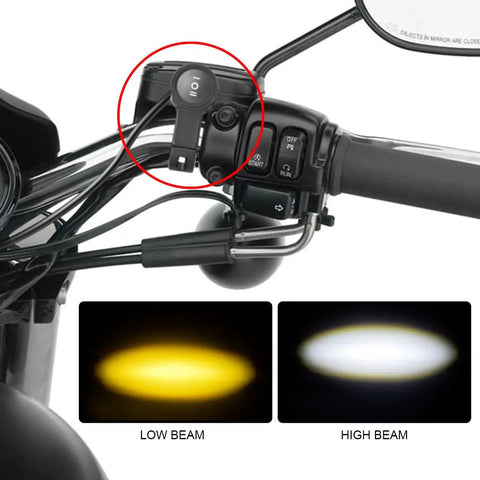 Two-Lead LED Light Wiring Harness With ON-OFF-ON Handlebar Switch for 22mm Handlebar Bikes and ATVs, showing low and high beam.