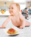 Child excited for pasta with Premium 304 Stainless Steel Electric Noodle Maker in background, perfect for fast fresh meals.