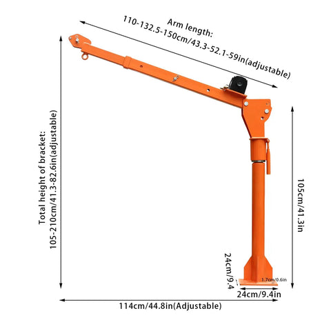 Heavy Duty 1100 Lb Truck Bed Crane Hoist With Electric Winch showing adjustable arm lengths and height, ideal for lifting heavy gear.