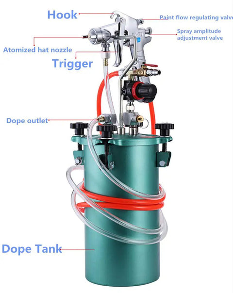 Pro Grade Heavy Duty 5L Pneumatic Paint Pressure Pot With Upgraded 6 Hole Air Spray Gun, showing nozzle, tank, and valves.