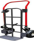 Quick Latch Convertible Hand Truck with red handle, 10-inch black wheels, no hitch pin, steel frame, 800 lb capacity, two-wheel mode