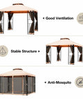 10 Foot By 10 Foot Outdoor Patio Gazebo With Double Tier Roof And Mosquito Netting Heavy Duty Steel Frame For Backyard Garden And Lawn All Weather Ventilation Party Ready Integrated Drain Holes Khaki shown with ventilation, stability, and mosquito protection