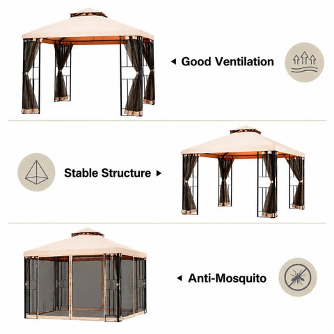 10 Foot By 10 Foot Outdoor Patio Gazebo With Double Tier Roof And Mosquito Netting Heavy Duty Steel Frame For Backyard Garden And Lawn All Weather Ventilation Party Ready Integrated Drain Holes Khaki shown with ventilation, stability, and mosquito protection