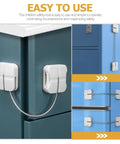 2 Pack Kid Safe Safety Cabinet Locks for Home Use, installed on blue and teal cabinets, showing sturdy ABS and steel construction.