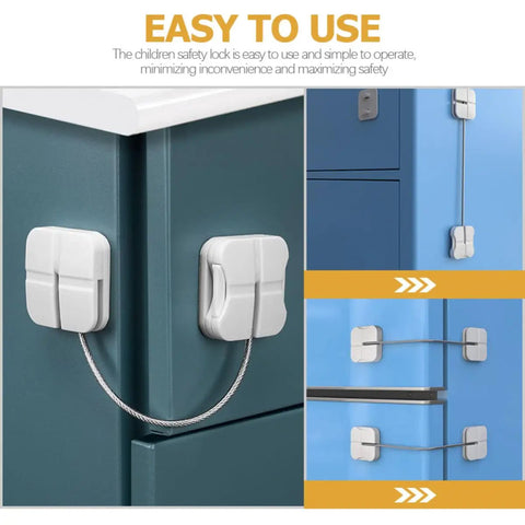 2 Pack Kid Safe Safety Cabinet Locks for Home Use, installed on blue and teal cabinets, showing sturdy ABS and steel construction.