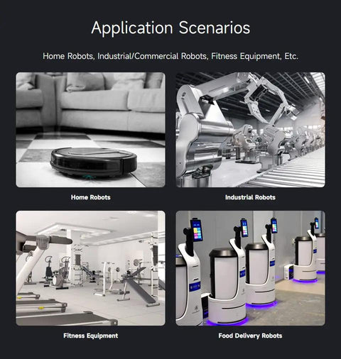 Application scenarios showing home robots, industrial robots, fitness equipment, and food delivery robots in different settings.