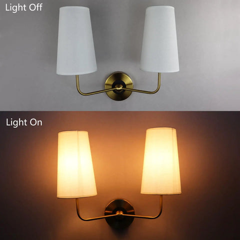 Modern Gold Wall Sconce With Fabric Shade Two Light Brushed Brass Vanity Bath Light For Bedroom Hallway Living Room Decor Wall Mount Ambient Lighting Soft White Linen Shade Go To Everyday Lighting, showing light on and off