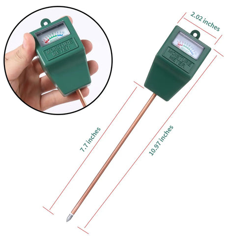Two Pack Soil Moisture Meters For Houseplants And Outdoor Gardens, Color Coded Dial Hygrometer Test Kit, Easy Read Plant Water Meter For Indoor And Outdoor Use, No Battery Required, Black And Green, shown with dimensions and in hand view.