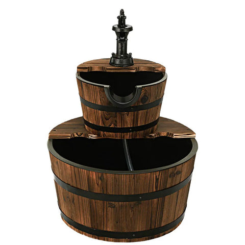 2 Tier Barrel Waterfall Outdoor Fountain With Electric Pump Rustic Wood Water Feature for Garden and Patio