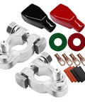 Heavy Duty Car And Marine Battery Terminal Connector Kit With Pure Copper Clamps, #2 gauge, includes clamps, heat shrink tubing, and covers.