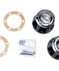 Premium Manual Locking Hub Pair For Classic Jeep CJ And Scout II With Six Bolt 27 Spline, gaskets, screws, and hardware kit