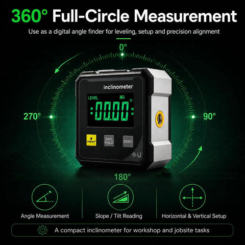 Straight Up Digital Angle Finder Protractor With Hella Strong Magnetic Base And Dead On 4X90 Degree Readings Featuring A Badass LED Screen for precise angle measurements.