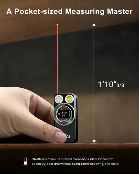 Pocket Ready Magnetic Clip On Flashlight With Built In Laser Distance Meter Delivering 650 Lumen White Light And 175 Lumen Red Light Type C Rechargeable Smart Display Emergency Work Light For Indoor Measurement held in hand measuring 1'10"3/8