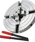 Bad Boy Heavy Duty Six Inch Four Jaw Self Centering Wood Lathe Chuck Crafted From Premium Steel For smooth woodturning projects, with red handle tools.