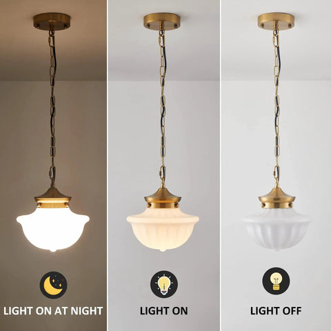 Schoolhouse Pendant Light Fixture 9 Inch Brass Gold Milk Glass Shade Adjustable Mid Century Ceiling Pendant on and off