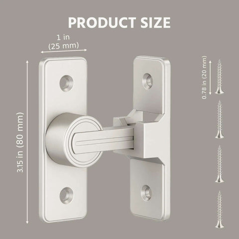 Heavy Duty Zinc Alloy Barn Door Lock Latch With 90 Degree Turn For Easy Operation Tough As Nails Built To Last Corrosion And Abrasion Resistant Security Lock For Bathroom Garage Bedroom Cabinet Nickel Finish dimensions with screws