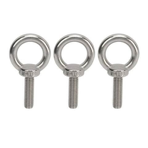 Beefy Stainless Steel Eye Bolts Set For RV And Boat, Heavy Duty Hanger Kit With Washer And Nylon Nut, Easy To Use Lifting Or Hanging Hardware, M10 Size, Ideal For Construction, Vehicles, And Marine Gear, three stainless M10 eye bolts