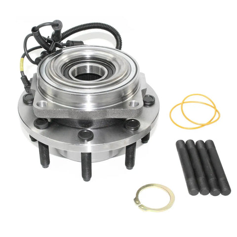 Front Wheel Bearing And Hub Assembly For 2011 To 2016 Ford F250 F350 Super Duty 4WD SRW, forged flange, heat treated steel, includes hardware.