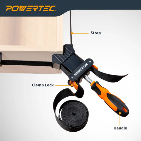 Strap Clamps For Woodworking With Quick Release Levers And An Ergonomic Handle, Pro Style Adjustable Band Clamp in use on wood