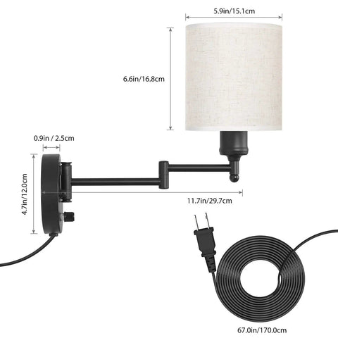 Plug In Wall Light Set Of 2 With Swing Arm Design, Linen Lampshades, Modern Bedroom Wall Sconces For Reading, Hallway And Living Room