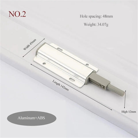 Heavy Duty Magnetic Push Latches For Kitchen Cabinets dimensions showing aluminum and ABS materials and installation specifications.