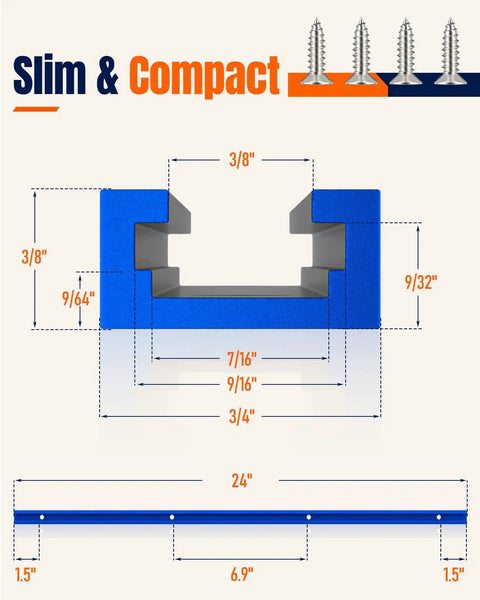 Two Pack 24 Inch Aluminum T Track For Woodworking Jigs And Fixtures, dimension details with pre-drilled holes for screws