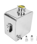 Heavy Duty 2.5L Aluminum Coolant Radiator Overflow Expansion Tank with three quick swap adapters in slick anodized silver.