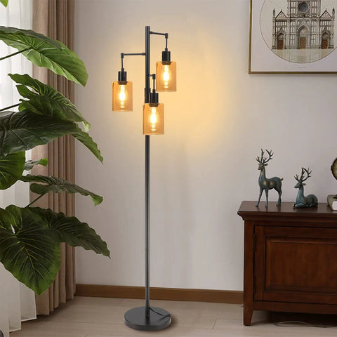 Dimmable 3-Light Oil Rubbed Bronze Farmhouse Floor Lamp With Amber Glass Shades in living room setting