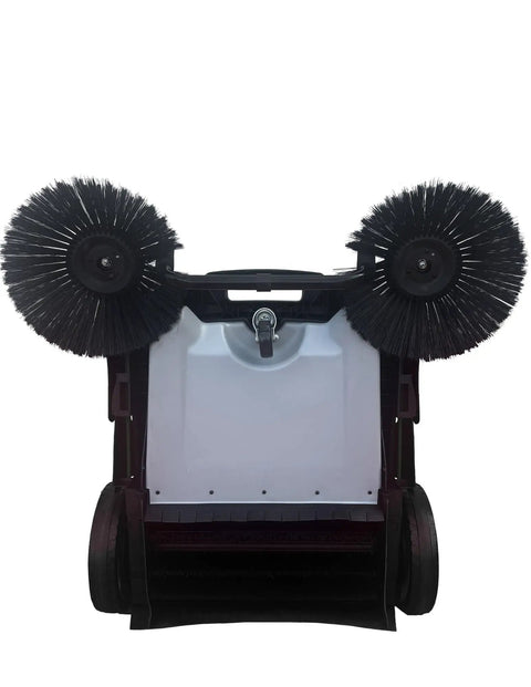 Top Shelf Manual Push Floor Sweeper With Thirty Six Inch Brush And Ten Point Five Gallon Dustpan Powers Through Driveways Garages And Pavement Without The Sweat Or Headache In Grey, featuring dual brush design.