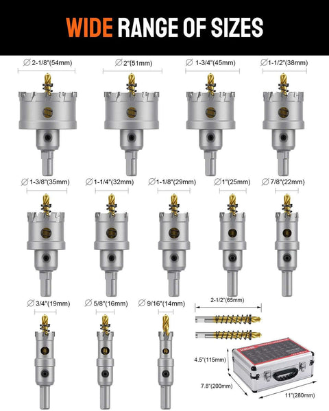 Kolvoii 14-piece TCT hole saw kit for hard metal with tungsten carbide tips, aluminum box and 2 extra pilot bits