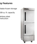 Heavy Duty Commercial Reach In Freezer 23 Inch Single Section Right Hinged Split Doors Electronic Led Controls Built Rock Solid For Bustling Restaurant Kitchens And Quick Food Prep. Stainless steel construction with dual doors.