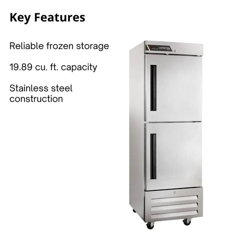 Heavy Duty Commercial Reach In Freezer 23 Inch Single Section Right Hinged Split Doors Electronic Led Controls Built Rock Solid For Bustling Restaurant Kitchens And Quick Food Prep. Stainless steel construction with dual doors.