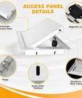 Heavy Duty Aluminum Flush Mount Access Panel showing hinge and magnetic lock details for Black 8X12 Inch seamless flush design.