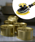 Versatile Can Sealing Tool For Home Canning close-up next to sealed cans, compact aluminum handheld sealer, size 24.5x8.7x8.5cm