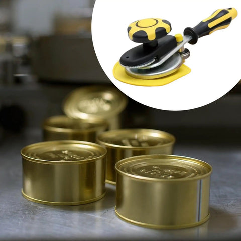 Versatile Can Sealing Tool For Home Canning close-up next to sealed cans, compact aluminum handheld sealer, size 24.5x8.7x8.5cm