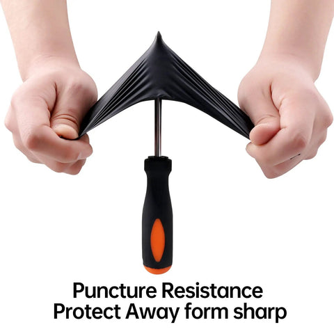 Hands stretching black vinyl gloves demonstrating puncture resistance with text 'Puncture Resistance, Protect Away from Sharp'