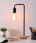 Industrial Desk Lamp With Vintage Edison Style Dope Look For Dorm, Office, Bedroom Or Living Room Space Saving Black Table Light, 16.9in Tall, 5.9in Wide, 67in Cord, Bulb Not Included, wooden base on desk