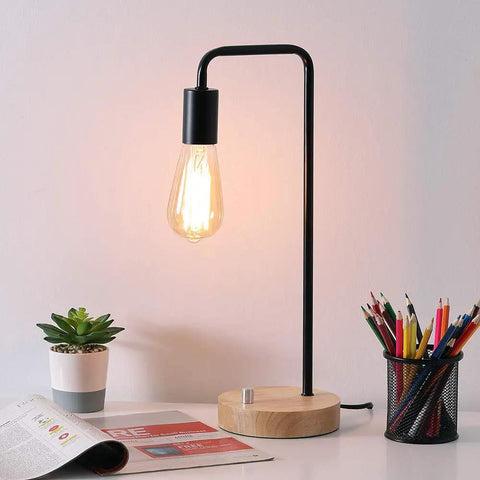 Industrial Desk Lamp With Vintage Edison Style Dope Look For Dorm, Office, Bedroom Or Living Room Space Saving Black Table Light, 16.9in Tall, 5.9in Wide, 67in Cord, Bulb Not Included, wooden base on desk