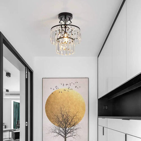 Crystal Raindrop Mini Chandelier Semi Flush Mount Ceiling Light for kitchens, featuring black finish and E26 base, installed