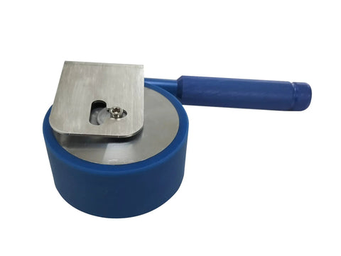 Heavy Duty Pro Grade Manual Pressure Sensitive Tape Adhesion Tester with steel roller and blue handle, top view.