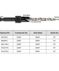 Heavy Duty Countersink Drill Bits Set Built Tough For Wood And Metal With Carbide Tips, showing size and specifications.
