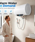Heavy Duty Wall Mounted Electric Water Heater With 18.5 Gallon Tank And 1500 Watt Fast Heat Coil in modern bathroom with user.