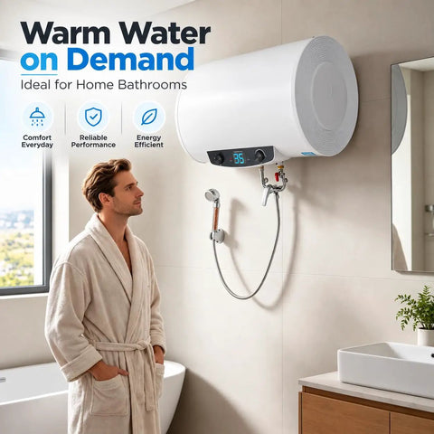 Heavy Duty Wall Mounted Electric Water Heater With 18.5 Gallon Tank And 1500 Watt Fast Heat Coil in modern bathroom with user.