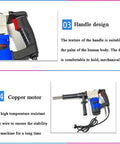 Close-up of handle design of Professional Electric Needle Scaler Tool Crankcase 4500 RPM Powerful Industrial Grade Rust And Paint Remover For Metalworks Heavy Duty Welding Jobs Durable High Performance Workhorse Machine.