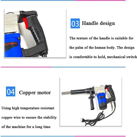 Close-up of handle design of Professional Electric Needle Scaler Tool Crankcase 4500 RPM Powerful Industrial Grade Rust And Paint Remover For Metalworks Heavy Duty Welding Jobs Durable High Performance Workhorse Machine.
