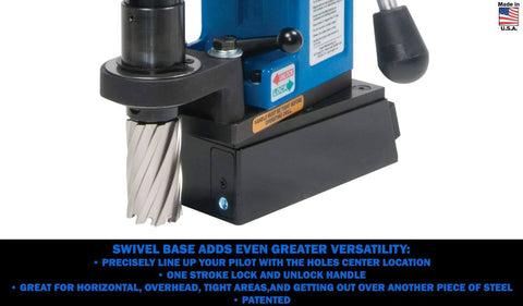 Front view of Hougen HMD904S 115V swivel-base magnetic drill with blue body and black base