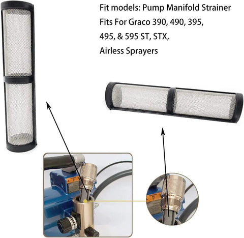 Airless Paint Sprayer Filter 60 Mesh Set, 5 Pieces shown with pump manifold strainer and stainless steel build for Graco sprayers.